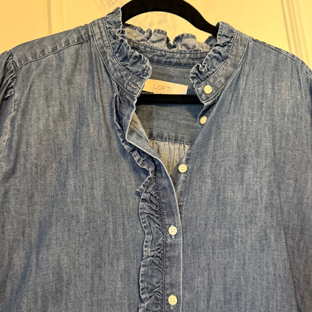 LOFT denim shirt with ruffle placket and sleeves. Size XL. Never worn.
